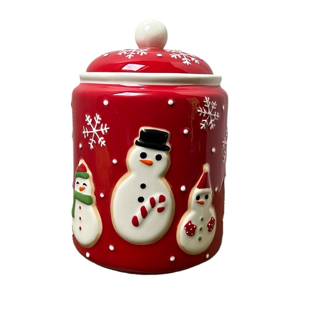 Hallmark Snowman Holiday Snowflake Red Ceramic Christmas Cookie Jar